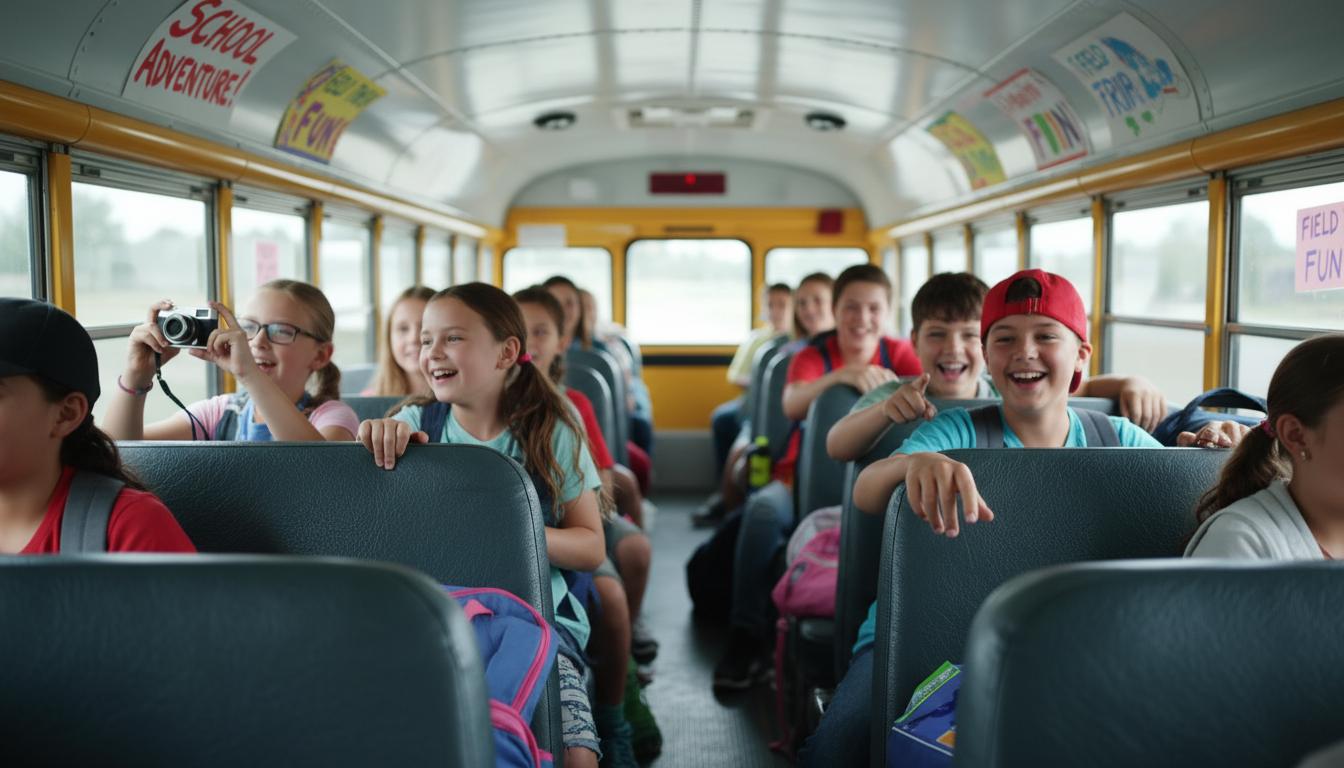 Yellow school bus rented for an Ontario class field trip with students boarding