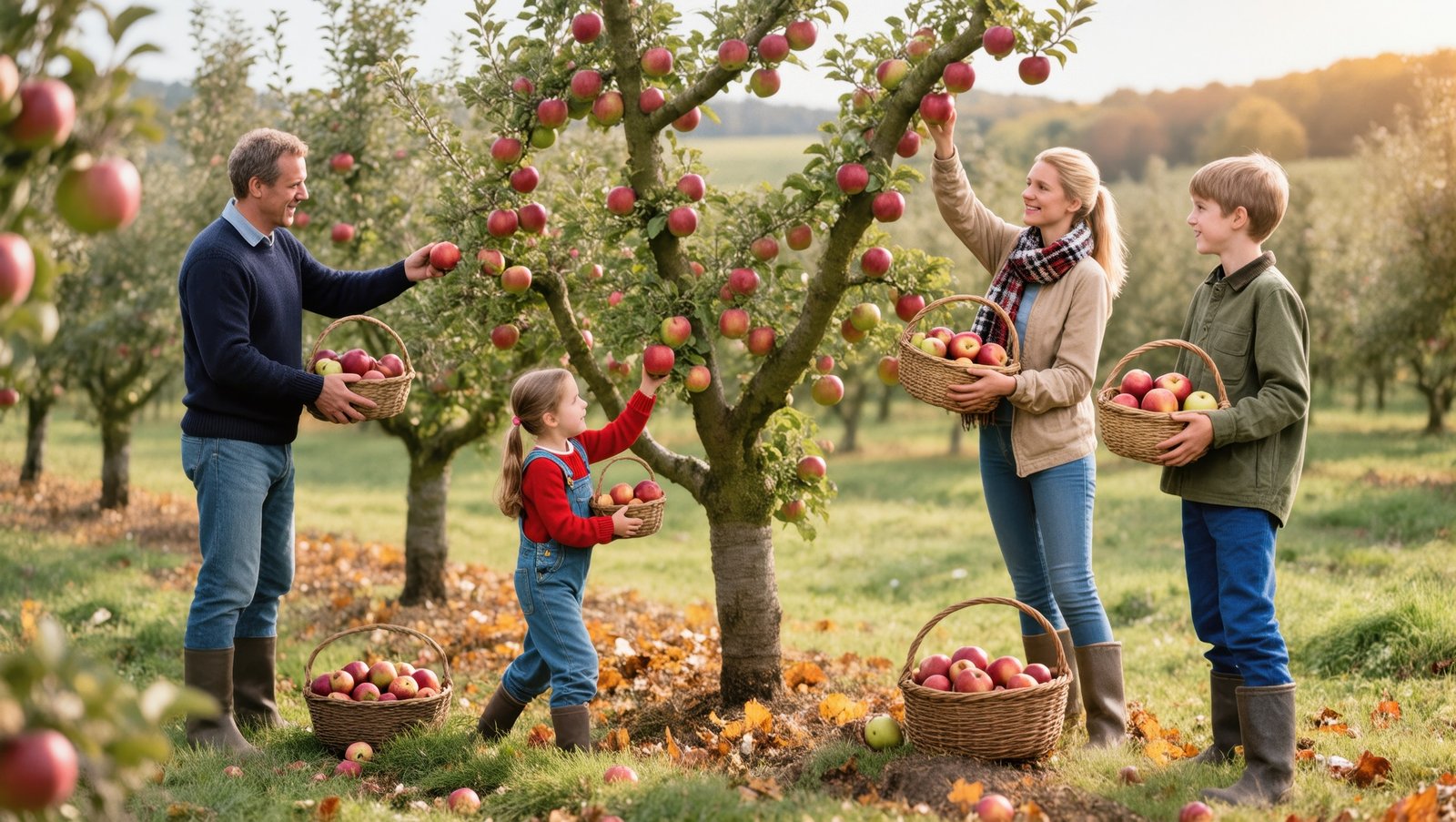 Group of families picking apples at an Ontario orchard after arriving by charter bus