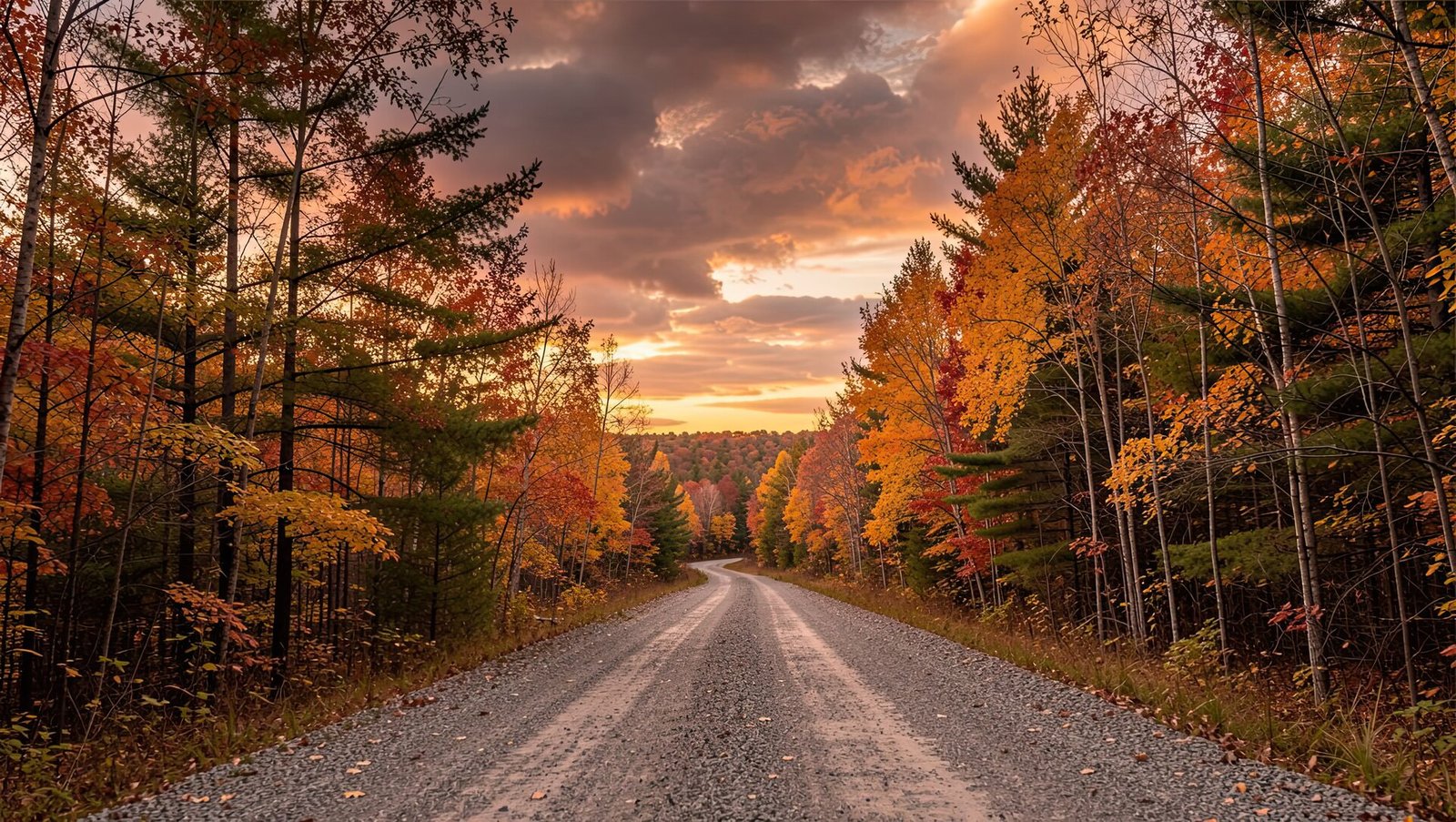 Charter bus parked on a scenic fall foliage route through Algonquin Park Ontario