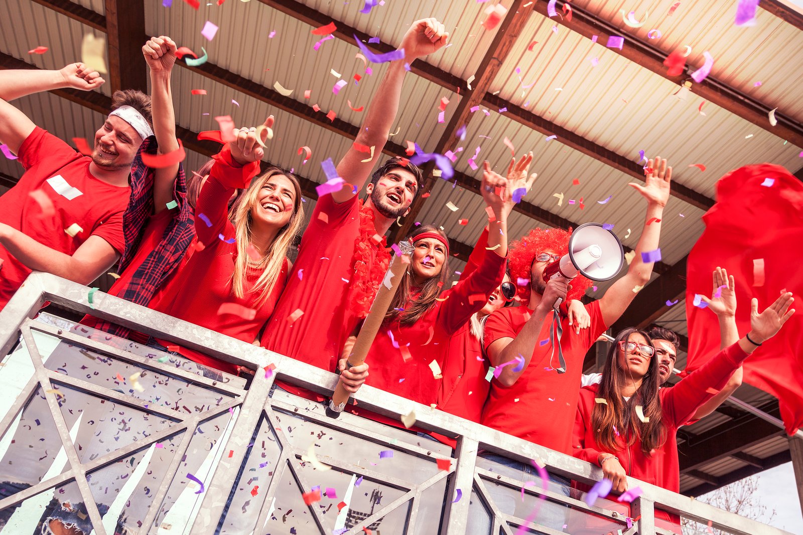 Group celebrating Canada Day together on a charter bus heading to an Ontario destination