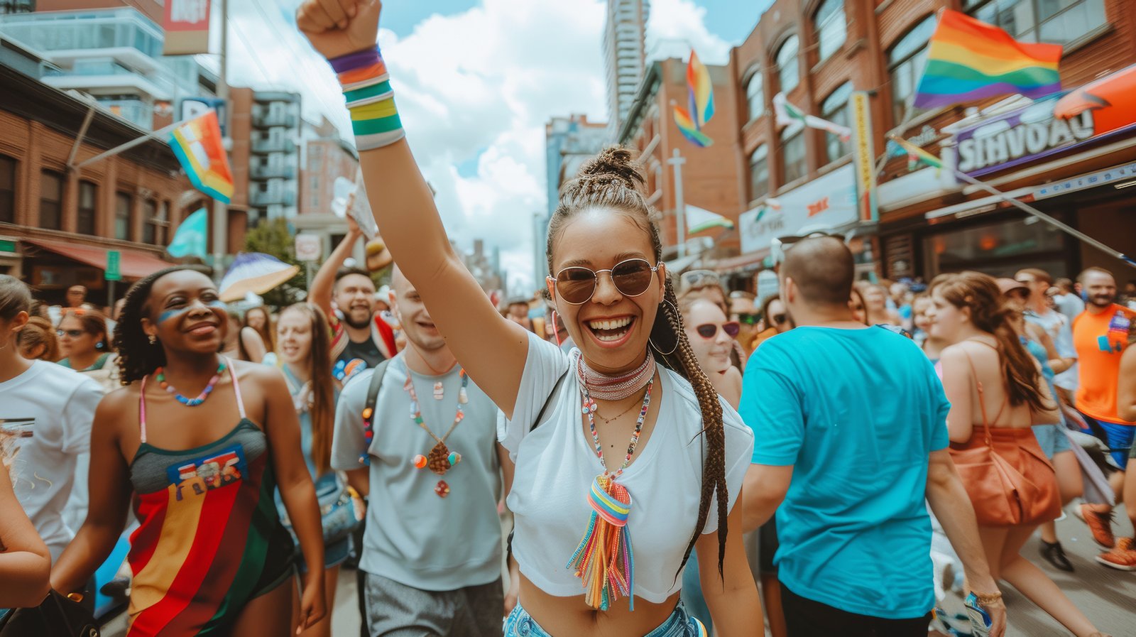 Group of friends arriving together at Toronto Pride festival by charter bus