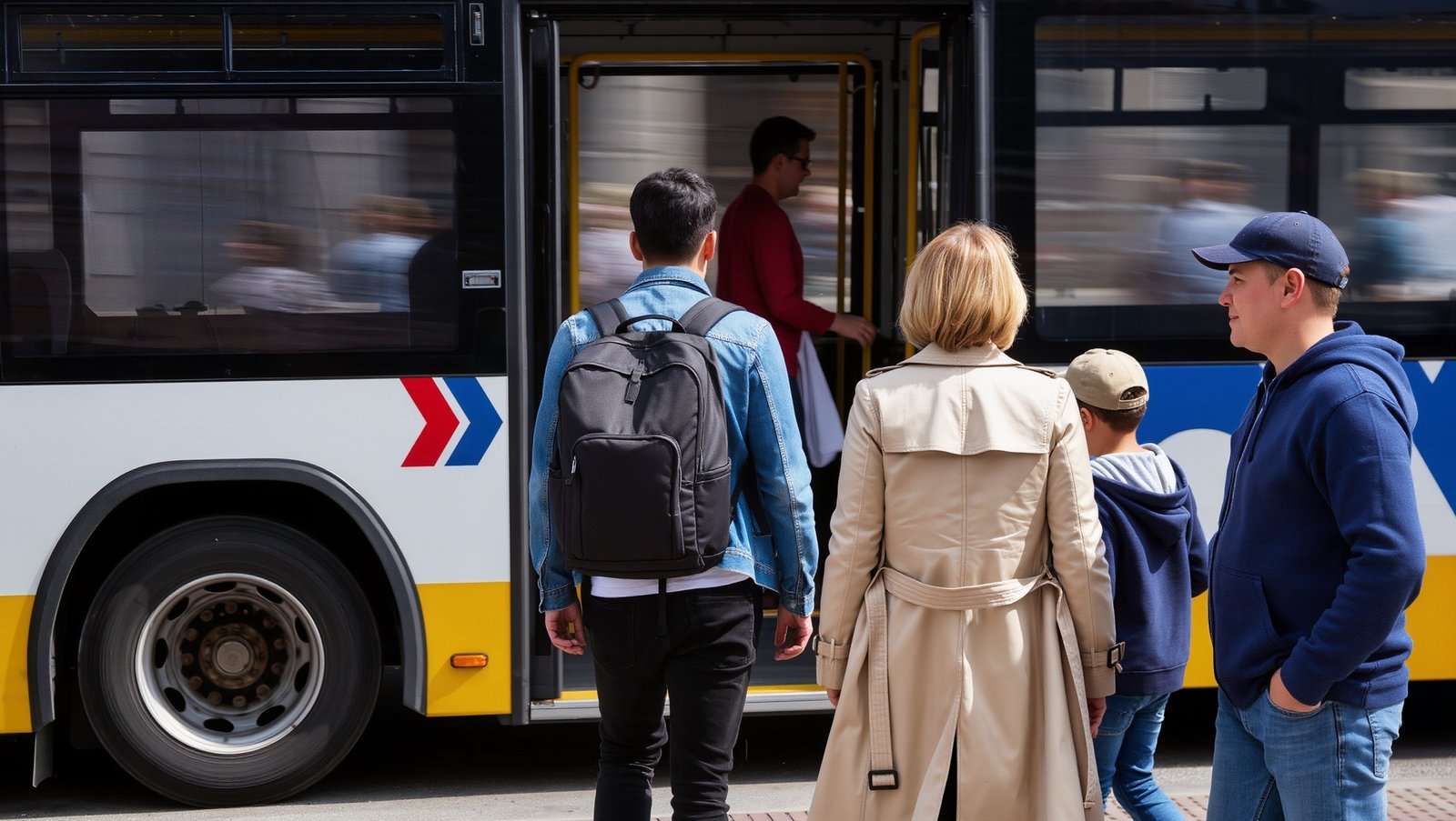 Employees boarding a corporate commuter shuttle bus outside a GTA office building