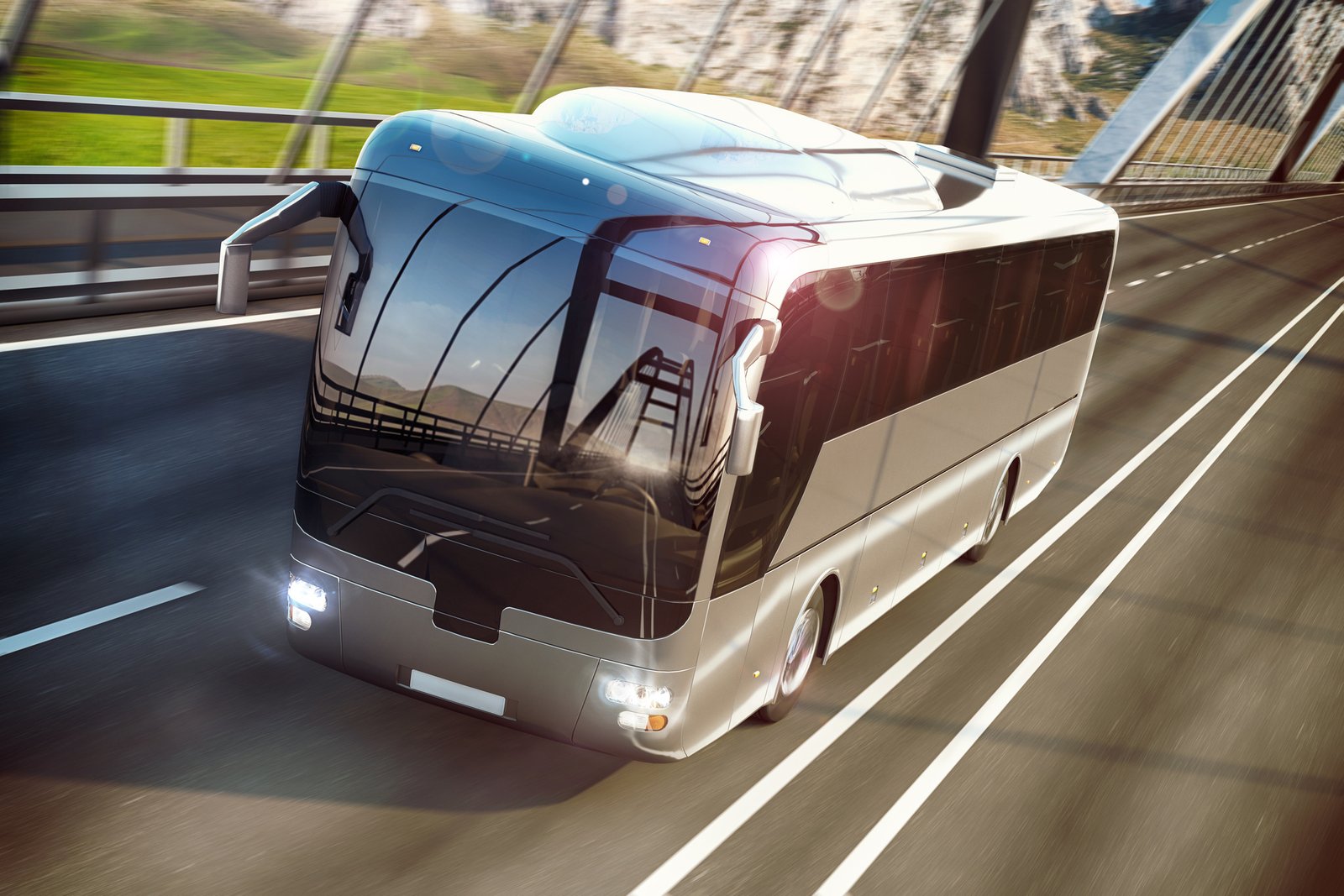 Charter bus travelling north on Highway 400 toward Barrie and Simcoe County