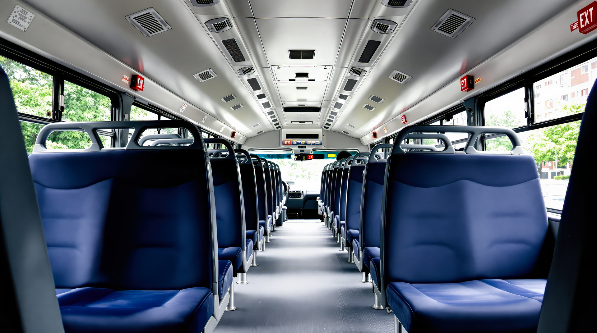 Sprinter van, school bus and coach lined up showing charter bus size options